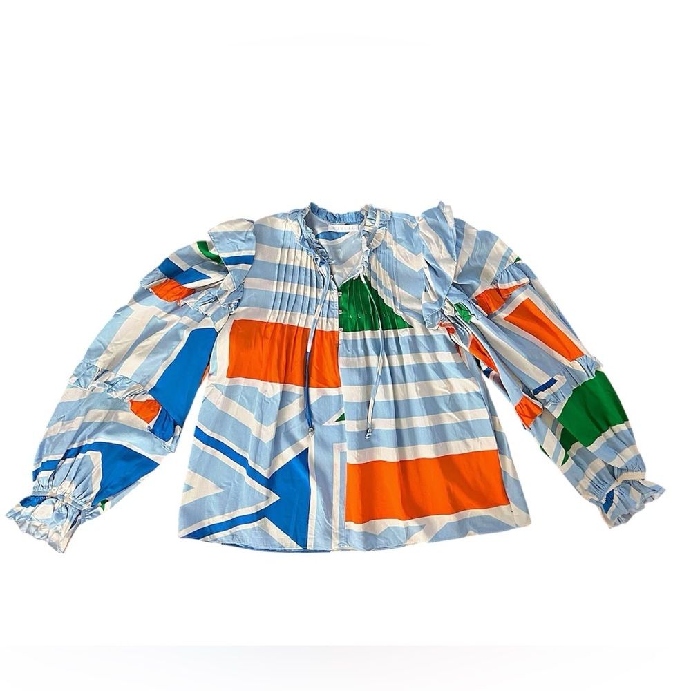 Karlie Blue and White Striped Blouse with Orange and Green Accents - Picture 3 of 5